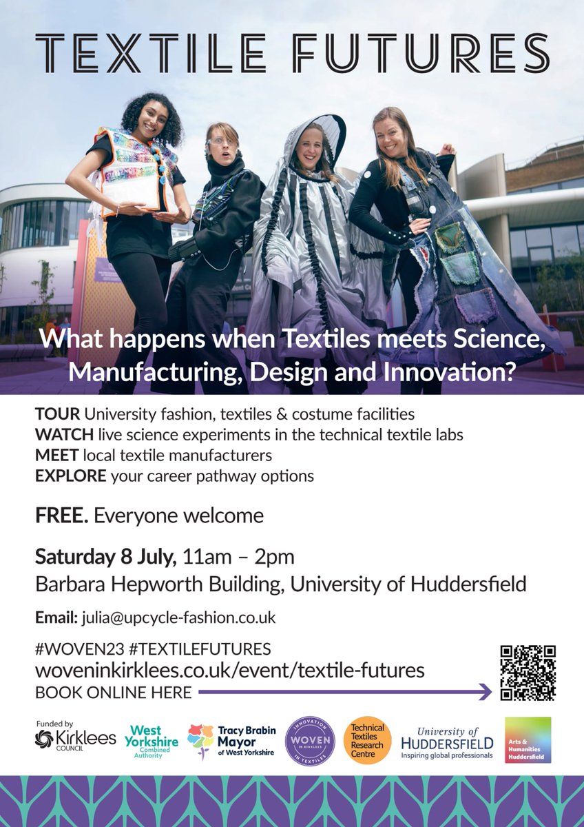 Textile Futures is coming! Can you help us spread the word? 

If you can have flyers for your school/workplace/group/store, please let us know! @upcyclefashion can help organise drop off or pick ups of flyers. 

Email Julia: julia@upcycle-fashion.co.uk 

#WOVEN23 @KirkleesCouncil