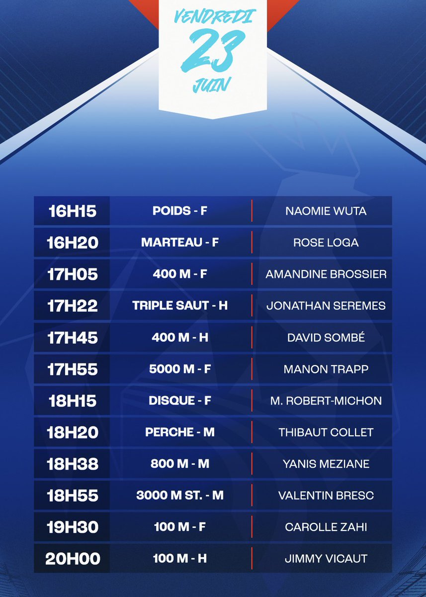 🔥 Les Championnats d'Europe par équipes de Chorzow, en 🇵🇱 Pologne, vont débuter dans quelques minutes !

🇫🇷 Retrouvez le programme des athlètes de l'Équipe de France pour cette première journée ! 💪

💻 Suivez les #EG2023 de #Silesia2023 sur allathletics.tv