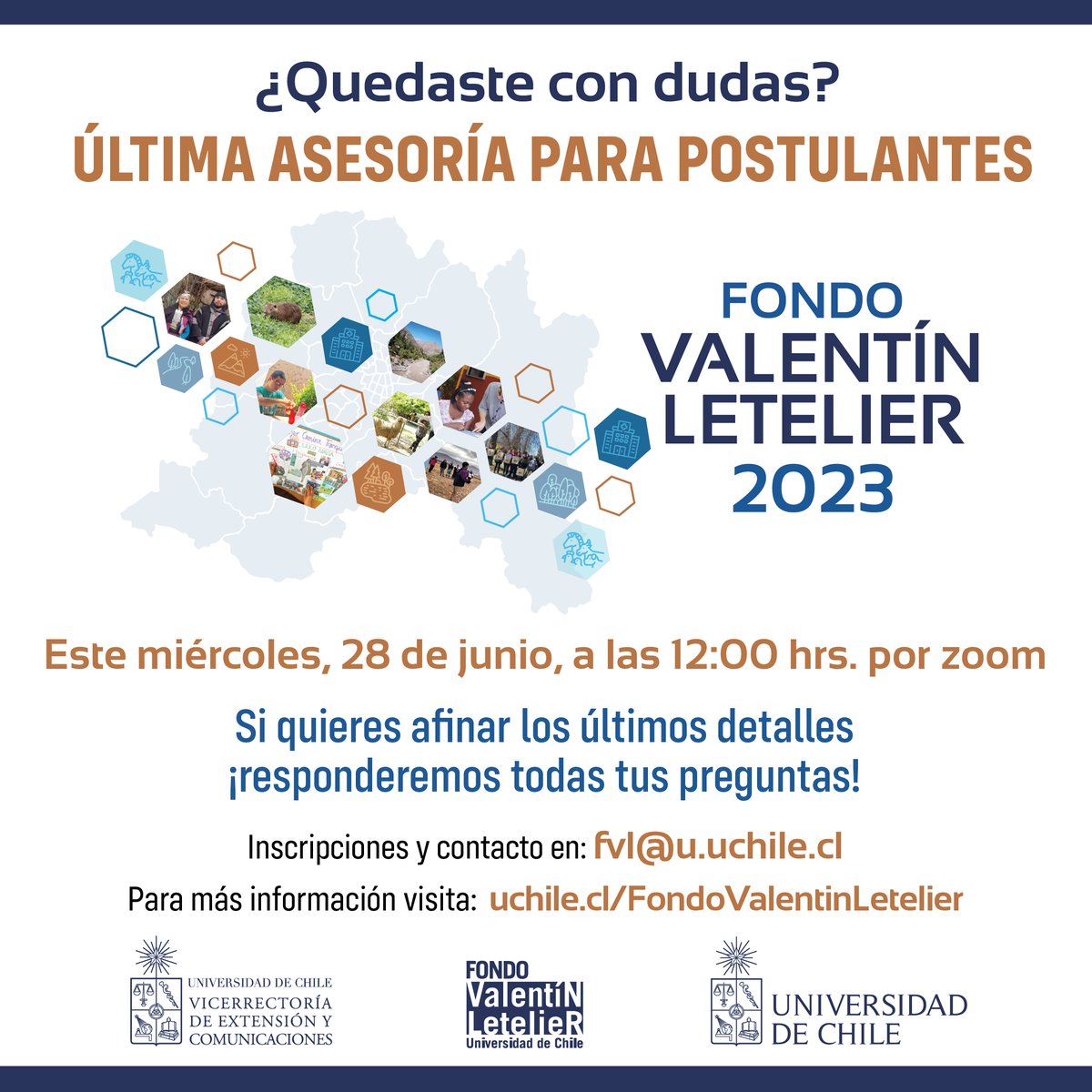 📷¡Aprovecha la última asesoría!
Te invitamos a resolver tus dudas y ajustar los detalles finales de tu proyecto.

Te esperamos este miércoles 28 de junio a las 17:00 hrs pm para la última asesoría por Zoom.

Inscríbete enviando un correo electrónico a  fvl@u.uchile.cl.