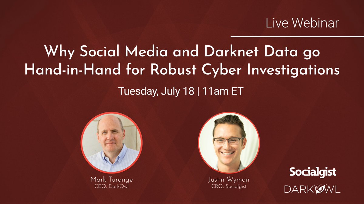 darkowlcyber's tweet image. [Live Webinar] 📣 DarkOwl and @Socialgistcorp will explore how social media and darknet data interconnect and dive into data collection and insights, online identities, social engineering, reputational risk and ethical concerns. Don&apos;t miss it &amp;gt; darkowl.zoom.us/webinar/regist…