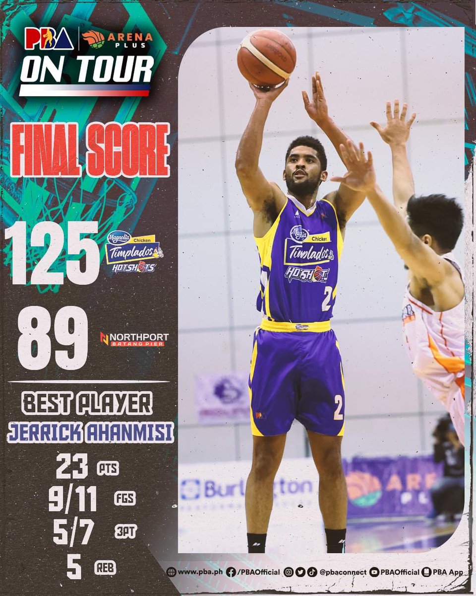 FINAL: 
Magnolia blasts NorthPort, 125-89.

Best Player:  Jerrick Ahanmisi with 23 points, 9/11 FGs, 5/7 3PT FGs and 5 rebounds. 

#PBAonTour #PBAGameTayoDito