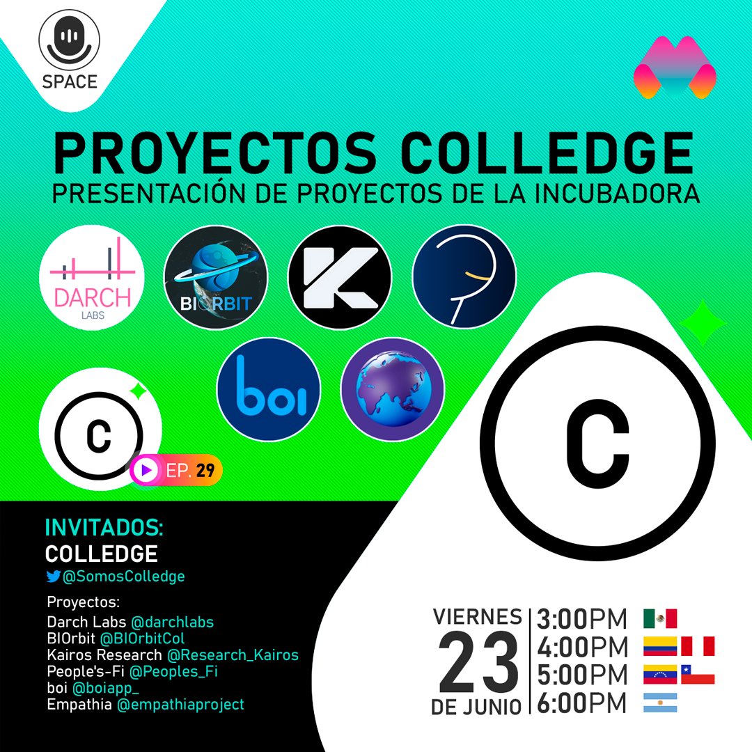 Gm comunidad💜

Por problemas técnicos con Twitter se reagendó este space para hoy⬇️

Estaremos con <a href="/SomosColledge/">Colledge ❇️🚀🌎📚</a> en su incubadora, junto a <a href="/darchlabs/">Darch Labs</a>, <a href="/BIOrbitCol/">BIOrbit</a>, <a href="/Research_Kairos/">Kairos Research</a>, @PeoplesFi, @boiapp y <a href="/empathiaproject/">Empathia</a>🚀 

Link abajo⬇️