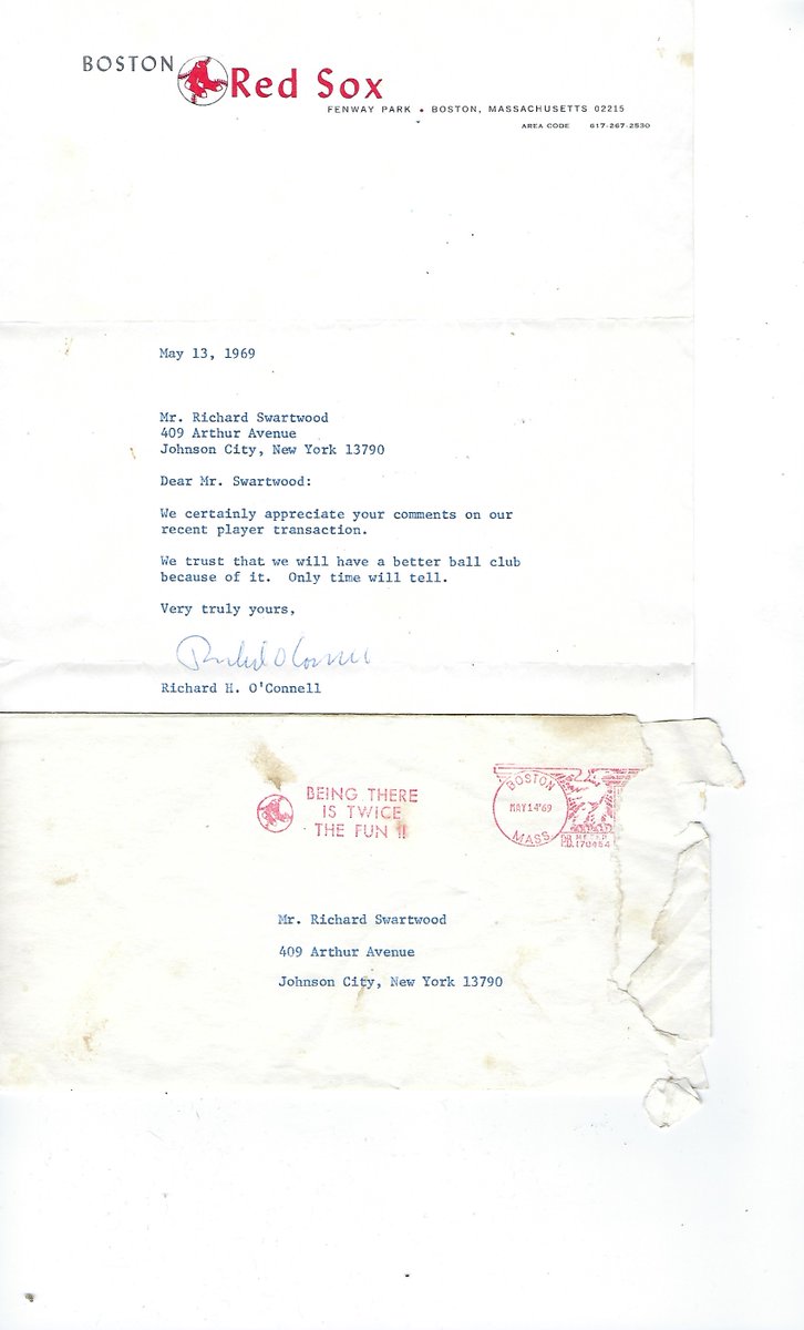 flswarty's tweet image. Just came across this gem from the good ole days.  
It's a reply to a letter I wrote as a 13 yr old to @RedSox protesting the trade of @HawkHarrelson to Cleveland on 4/19/1969.  
It's on Red Sox stationery dated 5/13/69 and signed by long-time Sox executive Richard H O'Connell.