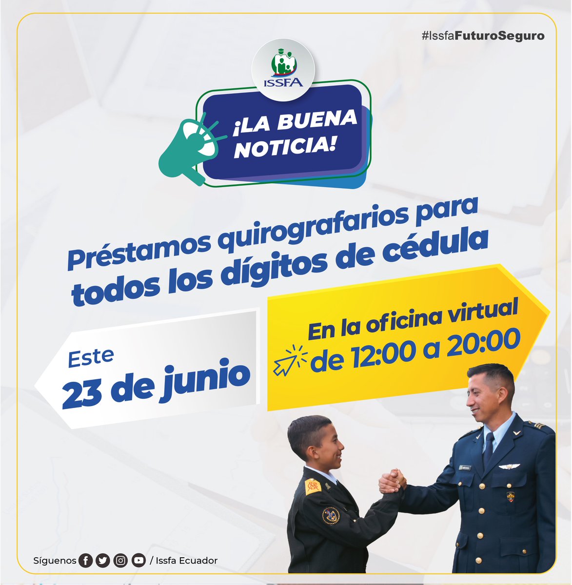 ISSFA_ECUADOR's tweet photo. ✅ #𝑳𝒂𝑩𝒖𝒆𝒏𝒂𝑵𝒐𝒕𝒊𝒄𝒊𝒂
🗓️Accede hoy 23 DE JUNIO a partir de las 12H00 a tu préstamo quirografario en línea para todos los dígitos de cédula.
📲Estás a un click de tu préstamo ➡️ https://t.co/0czbNgFiJN
#𝑰𝒔𝒔𝒇𝒂𝑺𝒊𝒆𝒎𝒑𝒓𝒆𝑪𝒐𝒏𝒕𝒊𝒈𝒐
#IssfaFuturoSeguro https://t.co/NFN5N2enNh