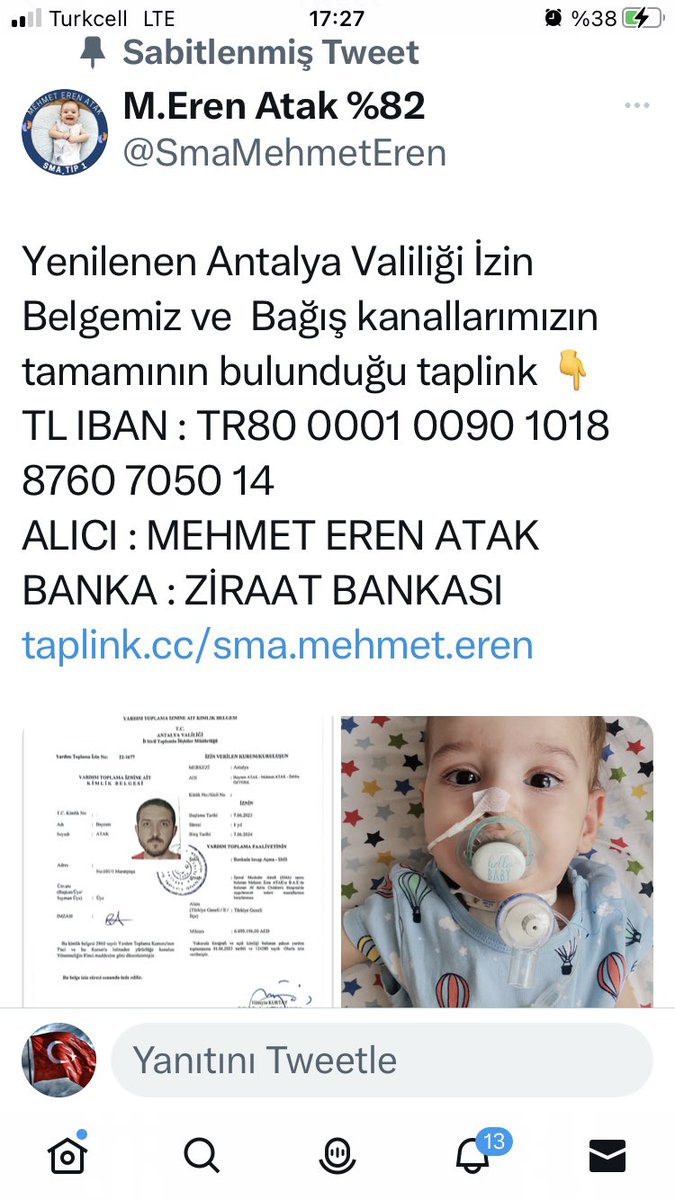 #sasa SMA hastası Valilik İzinli bu yavruya az çok demeden bir de retweetleyerek yardım edelim. Bir anne babanın evladı ancak bu çocuklar BİZİM.