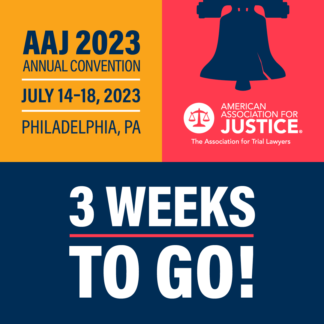 JusticeDotOrg's tweet photo. 🌟 3 Weeks Until the AAJ 2023 Annual Convention! 🌟

Don't miss the cutting-edge insights, riveting discussions, and game-changing connections that await you. ⚖️ #AAJAnnual23

Register: https://t.co/yrJPQvLjIk https://t.co/RUu3Lx3Z2P