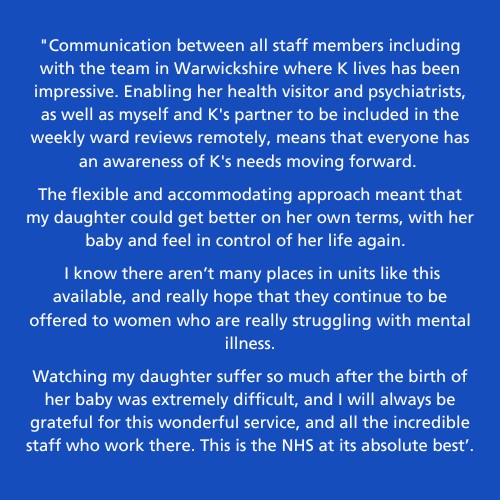 mpftnhs's tweet photo. #feedbackfriday is for @BrockingtonMbu at St. George's Hospital, providing inpatient MH services to women experiencing psychological & emotional difficulties in the latter stages of pregnancy, childbirth & early motherhood. Great feedback! 👏 #MakingLifeBetterForOurCommunities 💙 https://t.co/0UNPoTDiVj