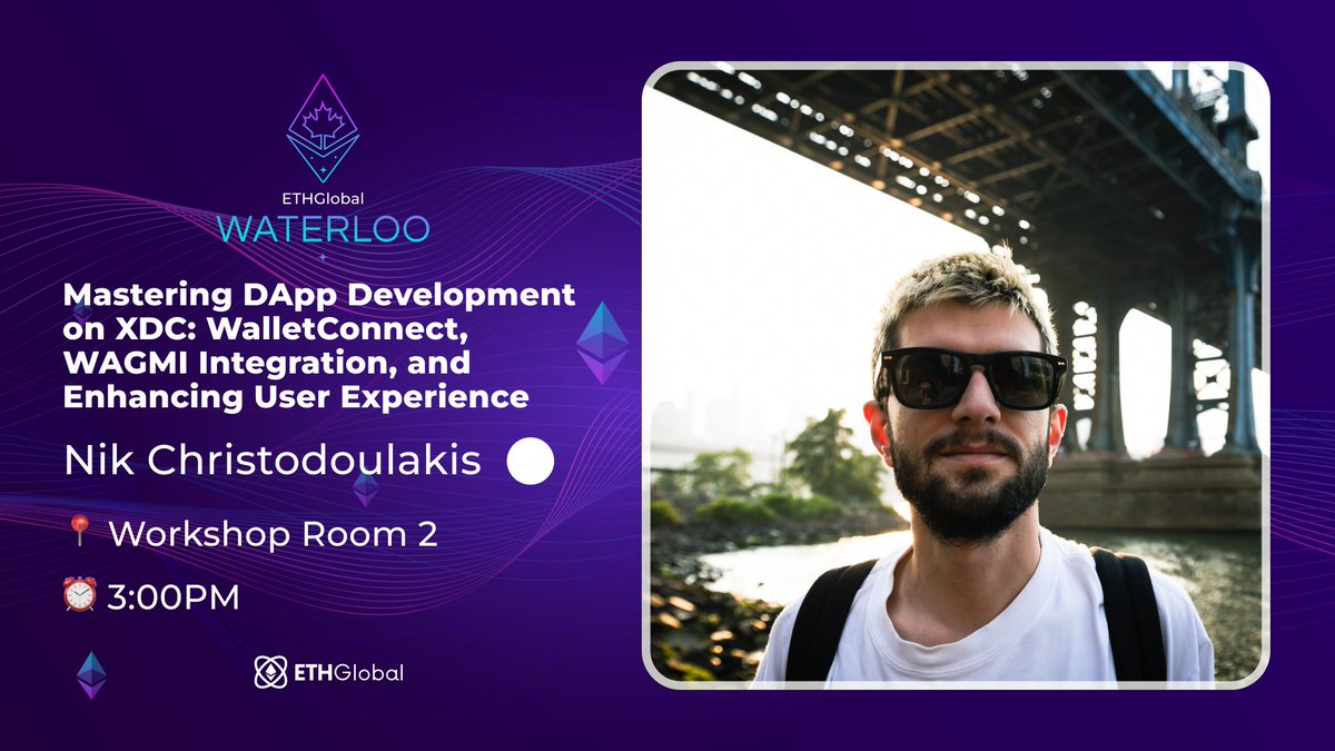 Join @0xbannik from the @XDCFoundation for a workshop on 

ℹ️ 'Mastering DApp Development on XDC: WalletConnect, WAGMI Integration, and Enhancing User Experience'

⏰ 03:00PM ET
📍 Workshop Room 2

🎥: ethglobal.tv/waterloo2023-w…