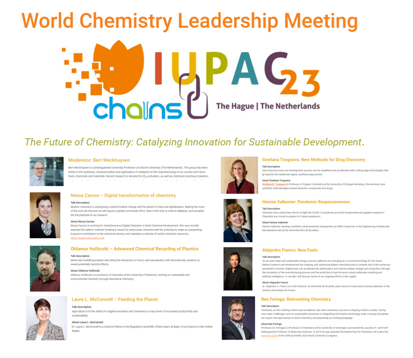 In just two months, scientists from around the world will gather for the World Chemistry Leadership Meeting at @IUPAC2023. Get ready for an unforgettable experience with an exceptional lineup of speakers, moderated by @BWeckhuysen. Don't miss #WCLM2023 👉 iupac2023.org/wclm/