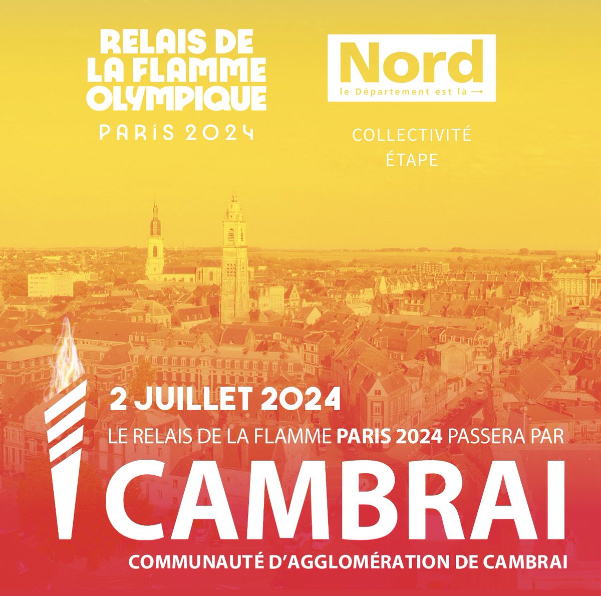 🔥🏆 C’est officiel : #Cambrai, dans la Communauté d’agglomération de Cambrai, accueillera le relais de la flamme de #Paris2024 !
Préparez vous, on ne peut vivre ça qu’une seule fois dans sa vie près de chez soi. Ça sera le 2 juillet 2024 dans le #Nord.