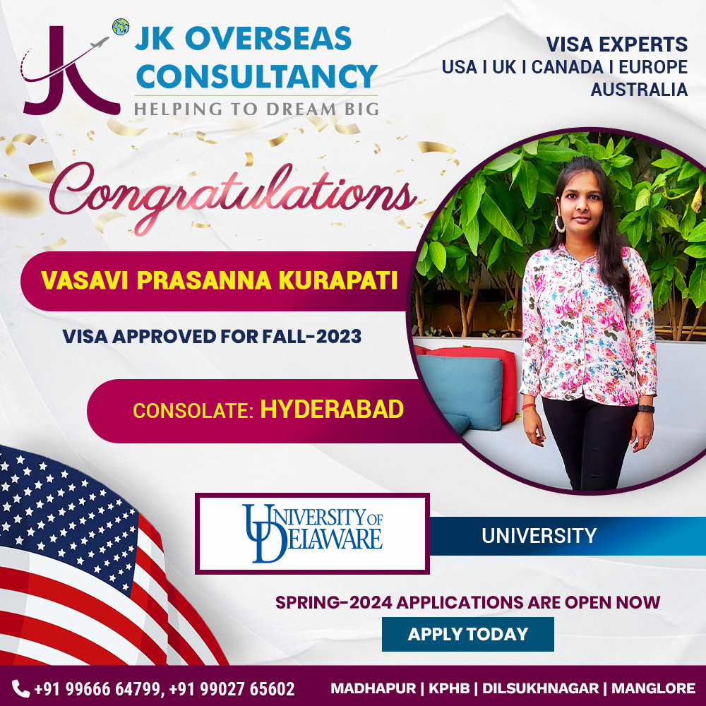 #Congratulations to Vasavi Prasanna Kurapati on gaining #Admission to the prestigious #UniversityofDelaware! For expert guidance & assistance in your study abroad endeavors reach out to #JKOverseas today! Applications for #Spring2024

#StudyUSA #VisaApproved #Visa #USA #Fall2023