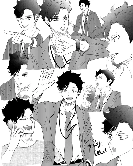 大人黒尾さんの二次創作練習✍️ スーツ姿がカッコイイね! デジタルの機能が覚えられず 頭の中に入って来ない😑 色塗りの説明本も読む気にならない… 若々しい脳みそ🧠を下さい…
