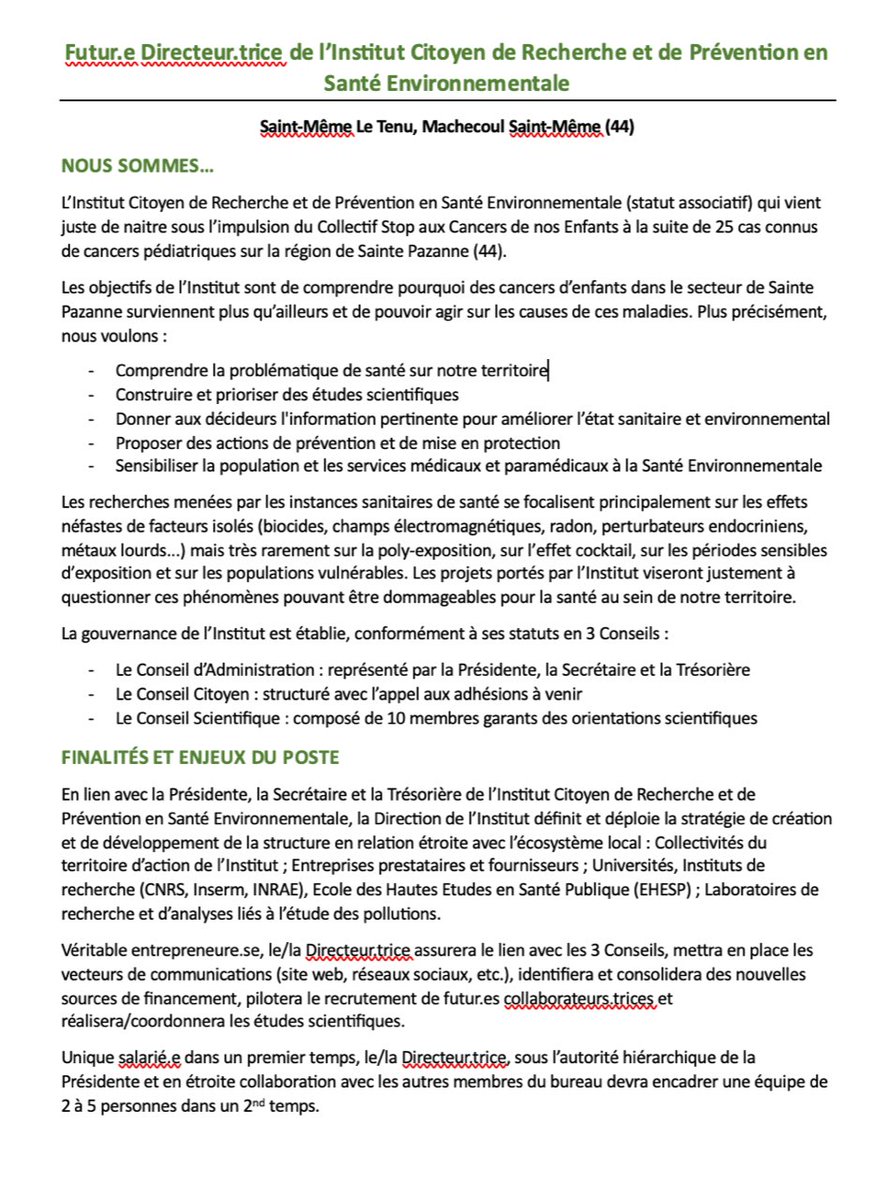stopcancersenfa's tweet photo. 📣 Nous recrutons:
 Futur.e Directeur.trice de l’INSTITUT CITOYEN DE RECHERCHE ET DE PREVENTION EN SANTE ENVIRONNEMENTALE
Saint-Même Le Tenu, Machecoul Saint-Même (44)
Postulez 👉 InstitutcitoyenSErecrute@proton.me
Avant le 31 juillet 2023
🙏 Merci pour les partages et relais https://t.co/t87TNiVL95