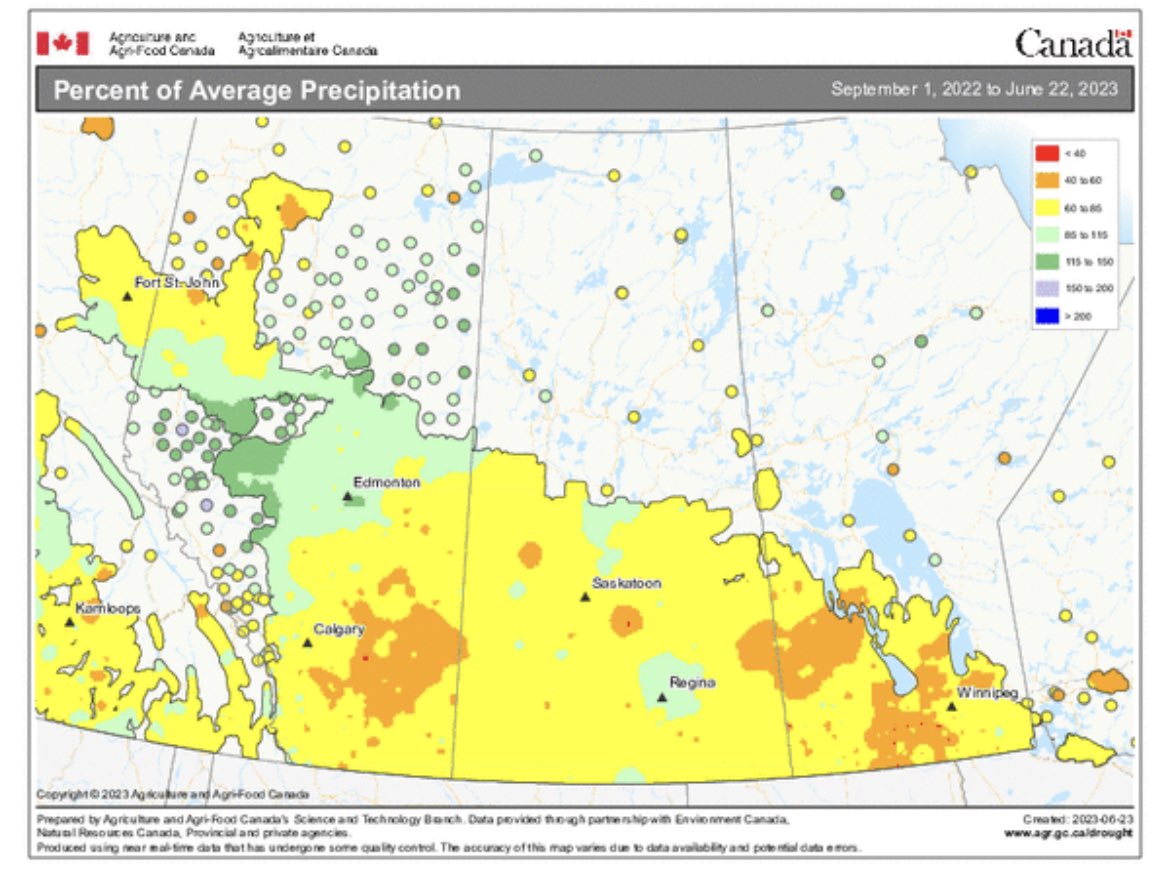 SK_StockGrowers's tweet photo. @KevinHursh1 Depending on the time horizon, the extent of dry area does vary.  Most of Saskatchewan is below average for the agricultural year. https://t.co/4kr5ueWVKC
