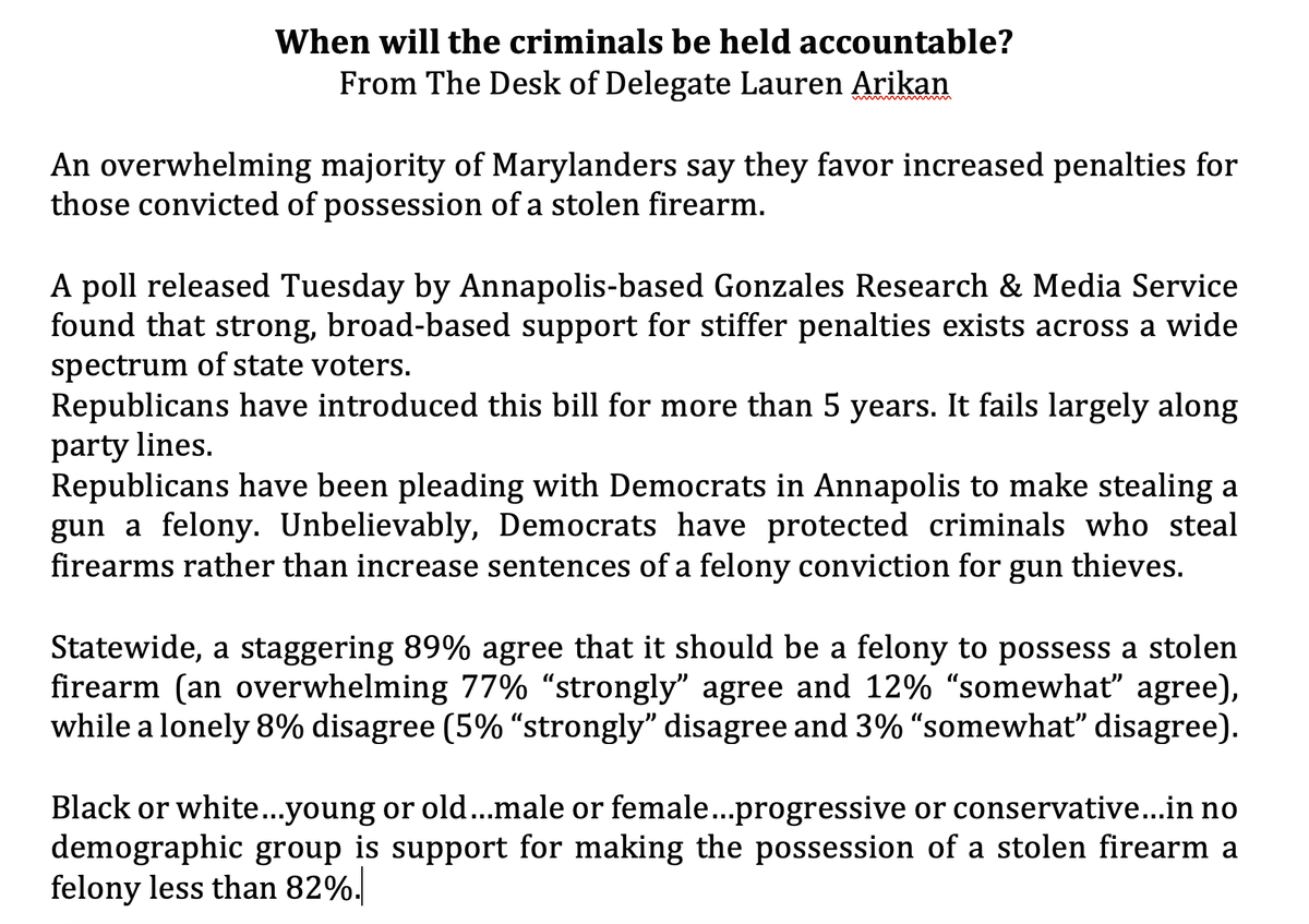 BmoreCountyGOP's tweet photo. When will the criminals be held accountable?
From The Desk of Delegate Lauren Arikan

An overwhelming majority of Marylanders say they favor increased penalties for those convicted of possession of a stolen firearm. https://t.co/Q8hBBumf4h