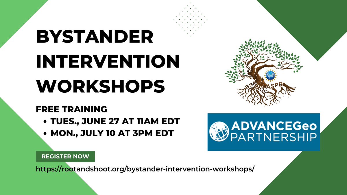 Free bystander intervention trainings: June 27 @ 11am EDT &amp; July 10 @ 3pm EDT!

We've organized a set of workshops led by <a href="/ADVANCEGeo/">Brandon</a> to provide training in personal intervention strategies to protect &amp; support targets of exclusionary behaviors. 

Register rootandshoot.org/bystander-inte…