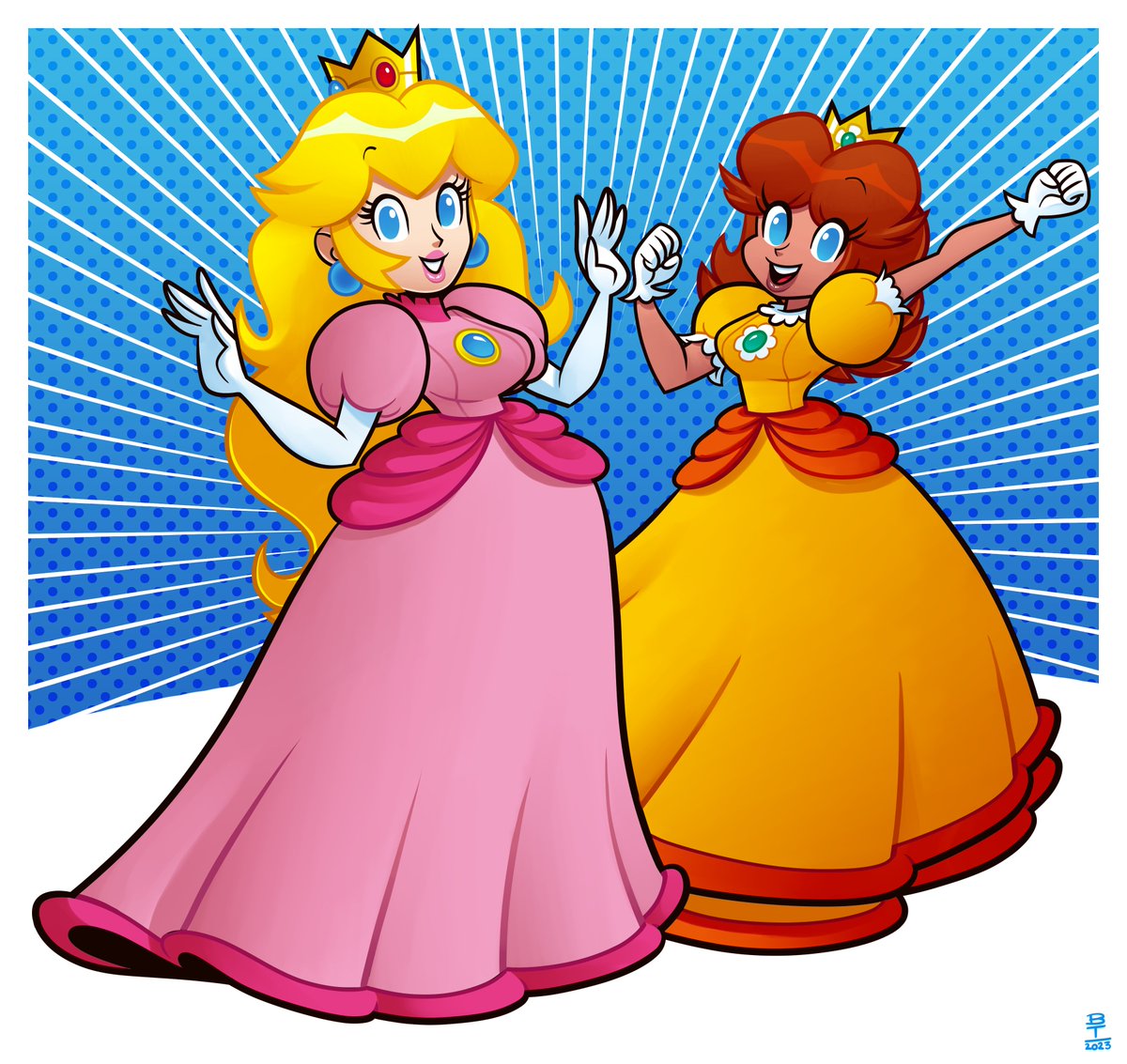 princess daisy ,princess peach 2girls multiple girls dress blue eyes gloves pink dress blonde hair  illustration images