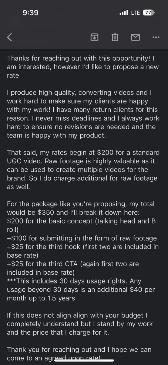 Here’s how I responded to an inbound that was offering $100 for a package that I price at no less than $350.