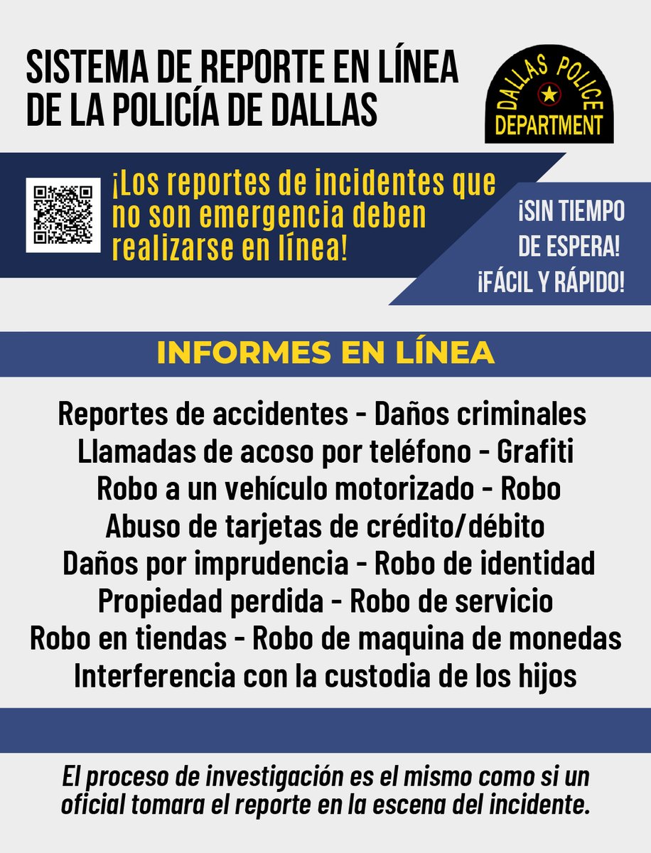 Dallas Police Dept (@dallaspd) on Twitter photo On July 3, <a href="/DallasPD/">Dallas Police Dept</a> will require mandatory online reporting of certain NON-EMERGENCY offenses through the Dallas Police Online Reporting System.
Its quick, saves you time, and frees our officers for higher emergency calls.
Head to dallaspolice.net to file, or learn more. On July 3, <a href="/DallasPD/">Dallas Police Dept</a> will require mandatory online reporting of certain NON-EMERGENCY offenses through the Dallas Police Online Reporting System.
Its quick, saves you time, and frees our officers for higher emergency calls.
Head to dallaspolice.net to file, or learn more.