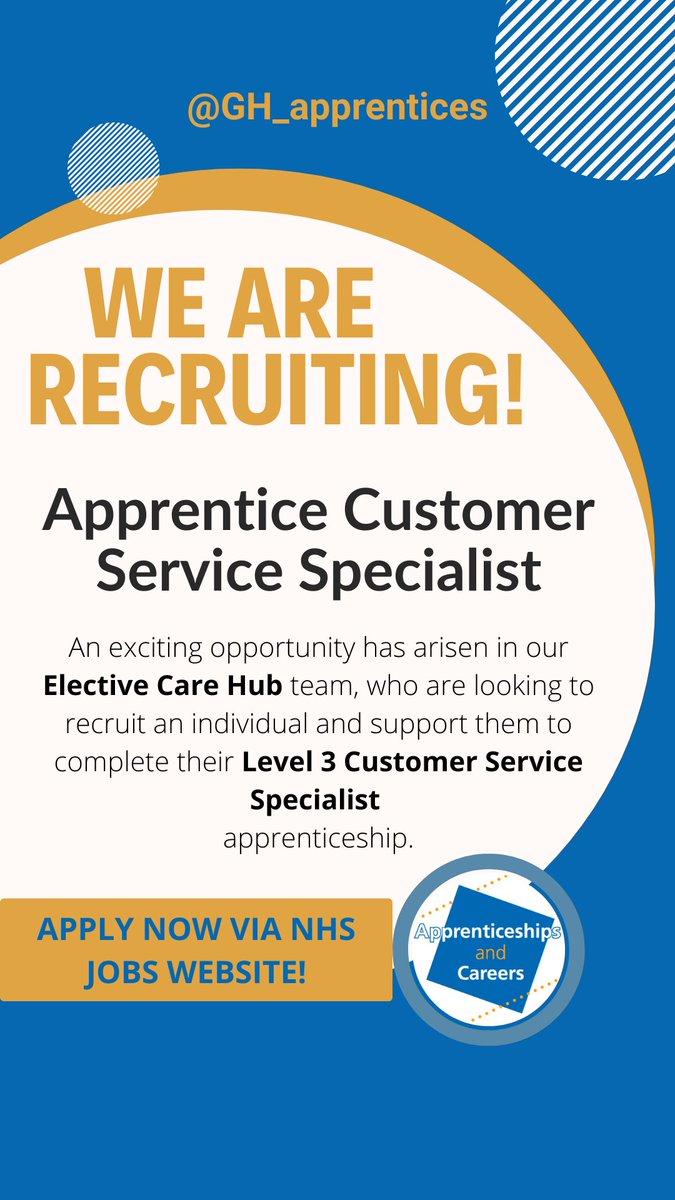 Don't miss out!    

Our Customer Service Specialist #apprenticeship vacancy with the Elective Care Hub is still #live on NHS Jobs. Apply here: beta.jobs.nhs.uk/candidate/joba……… #opportunity #CareersDay #CareersFamily #SkillsForLife #StepintotheNHS