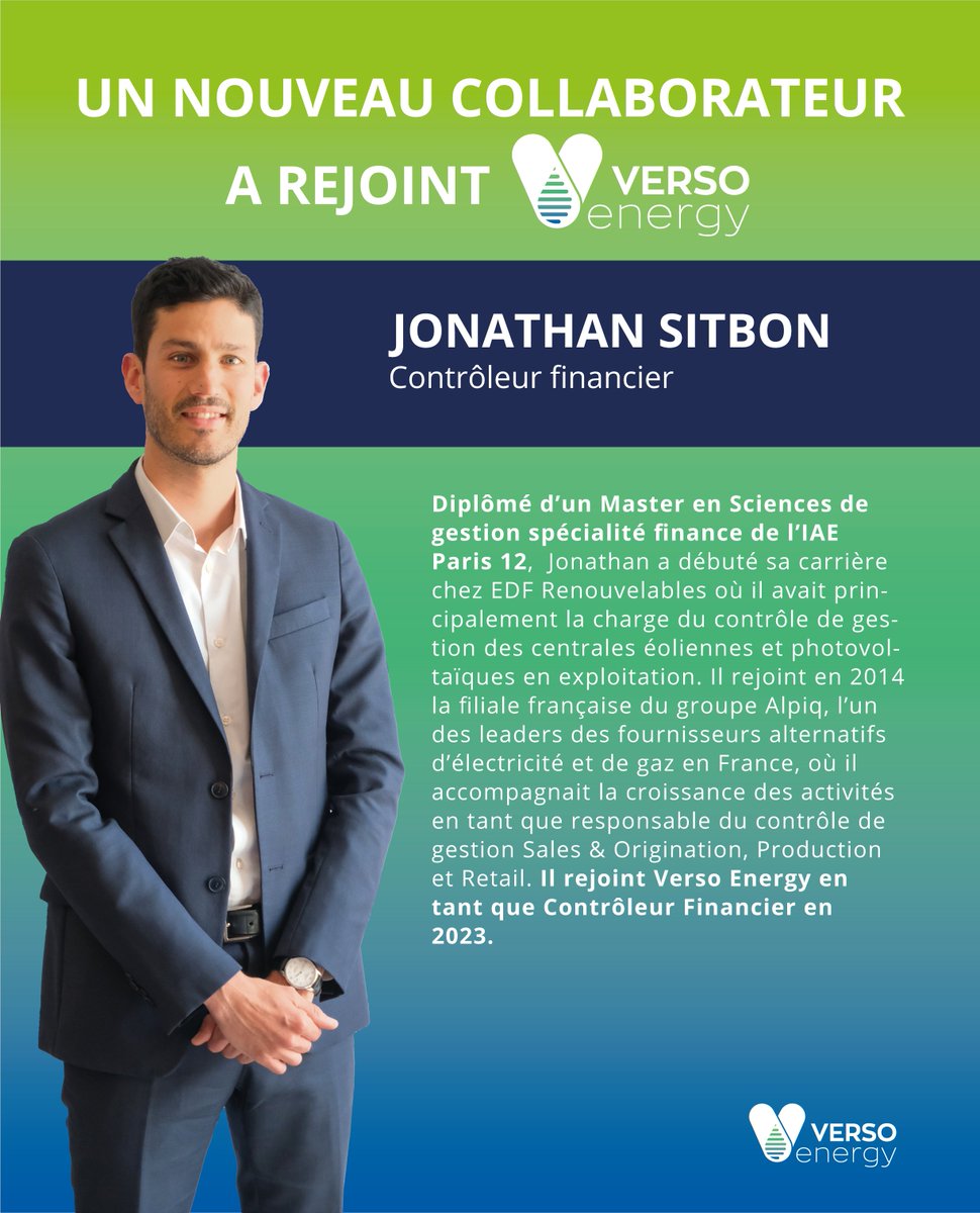 [👋 Un nouveau collaborateur chez Verso Energy ⚡]

✨ Jonathan Sitbon a rejoint l’équipe de Verso Energy en tant que Contrôleur financier !

Bienvenue Jonathan chez Verso Energy ! 🥳

#nouvelemployé #new #hydrogène #hydrogènevert #transitionénergétique #carbonzero #enr