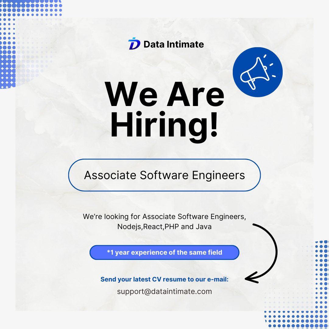 Data_Intimate's tweet image. 📢 We're Hiring Associate Software Engineers! 🌟
Are you passionate about coding and ready to take your skills to the next level? Look no further because we have exciting opportunities for Associate Software Engineers to join our team!
