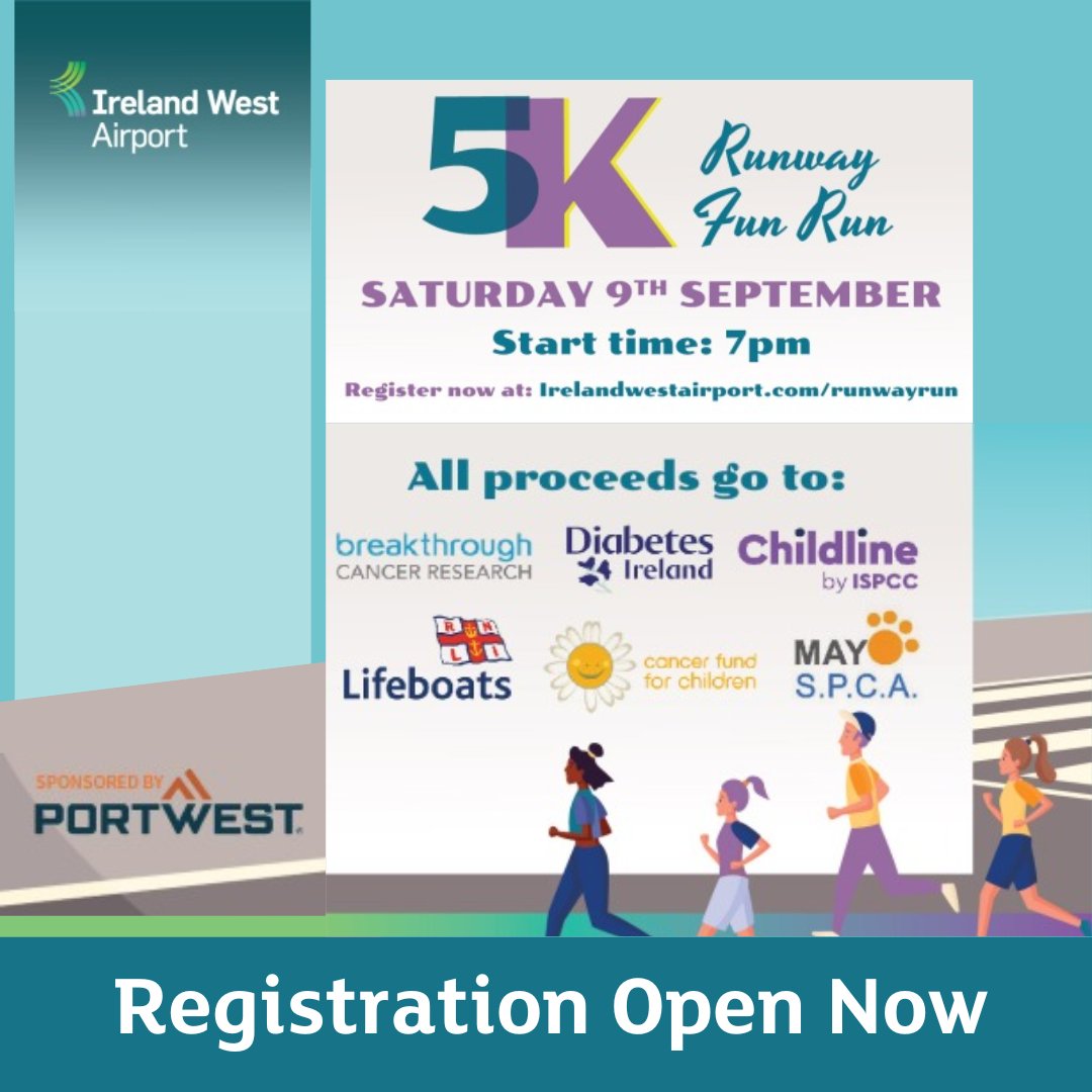 The @Irelandwest 5th Annual Charity 5k Runway Fun Run 2023! All proceeds from the event going to @BreakthroCancer, @Diabetes_ie, @ISPCCChildline, @CancerFundChild, @RNLI, and the @mayo_spca Register Now: eventmaster.ie/event/krl4HK2T… Sponsor: @PortwestIreland