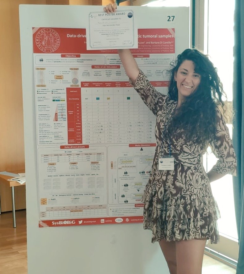 So thrilled to announce that our Ph.D. <a href="/Fra1997Lon/">Francesca Longhin</a> won the "Best Poster Award" here at #BITS2023 🤩 with her work on realistic #simulation of somatic samples 🧬💻 

Looking forward to witnessing further remarkable achievements 🤩🎉

#bioinformatics #research