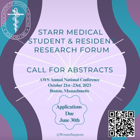 WomenSurgeons's tweet photo. ONE WEEK LEFT TO SUBMIT! Medical student, resident, and fellow members of AWS are invited to submit up to two abstracts of your research to the 2023 AWS Starr Medical Student and Resident Research Forum. 

Apply by June 30: https://t.co/vUWjrQyUWl https://t.co/TqEAYROG1k
