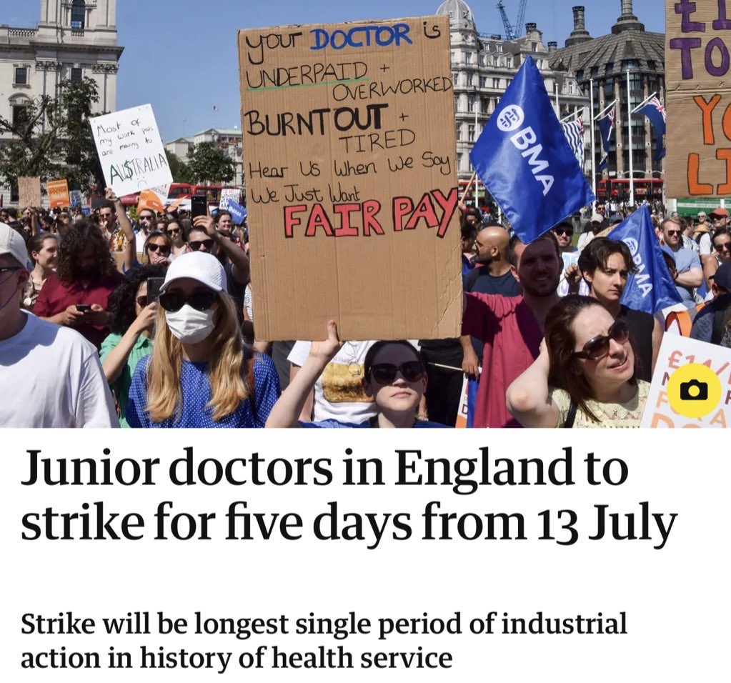 AndrewMeyerson's tweet image. Dear 🇬🇧,

We junior doctors are set to launch the longest period of industrial action in NHS history as we go on strike for 5 consecutive days from 13 July. Striking is always a last resort but it&apos;s an absolute necessity right now. Here&apos;s why.

Your NHS is collapsing because we…