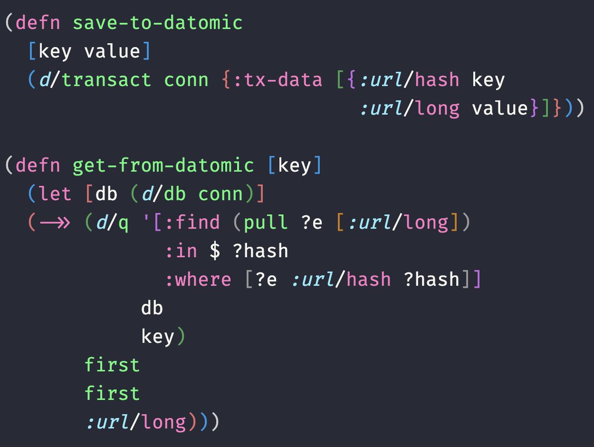 otaviolemos's tweet image. Acabei de conseguir fazer o meu adapter Datomic funcionar para usar no lugar do Redis na minha API exemplo de encurtador de URL!
Datomic rodando na AWS e tudo!
Amanhã deve sair o vídeo...
#clojure #datomic