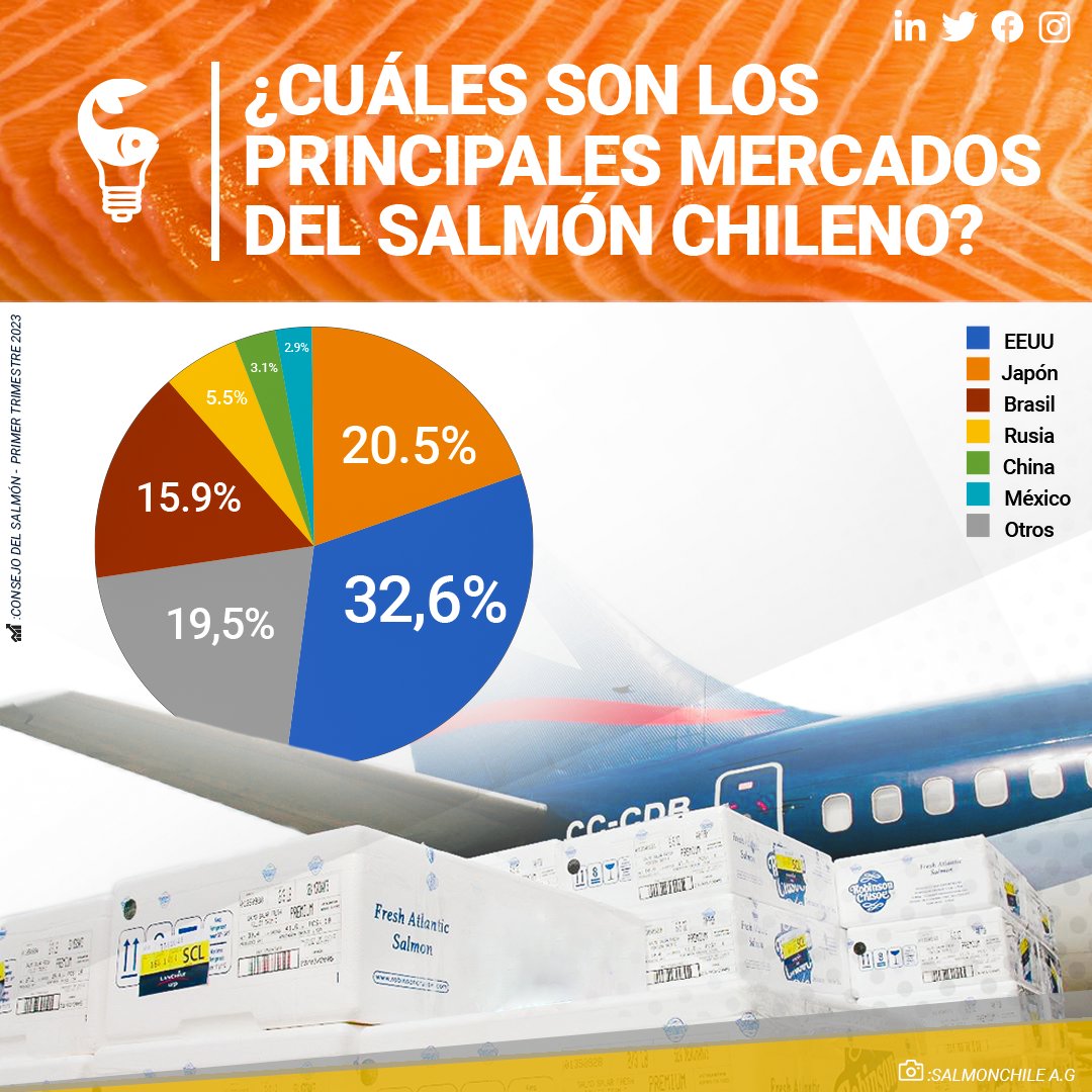 🐠¿Cuáles fueron los principales mercados del salmón chileno en el primer trimestre de 2023? En un reporte del Consejo del Salmón, se indica que los seis principales destinos fueron Estados Unidos (32,6%), Japón (20,5%), Brasil (15,9%), Rusia (5,5%), China (3,1%) y México (2,9%).