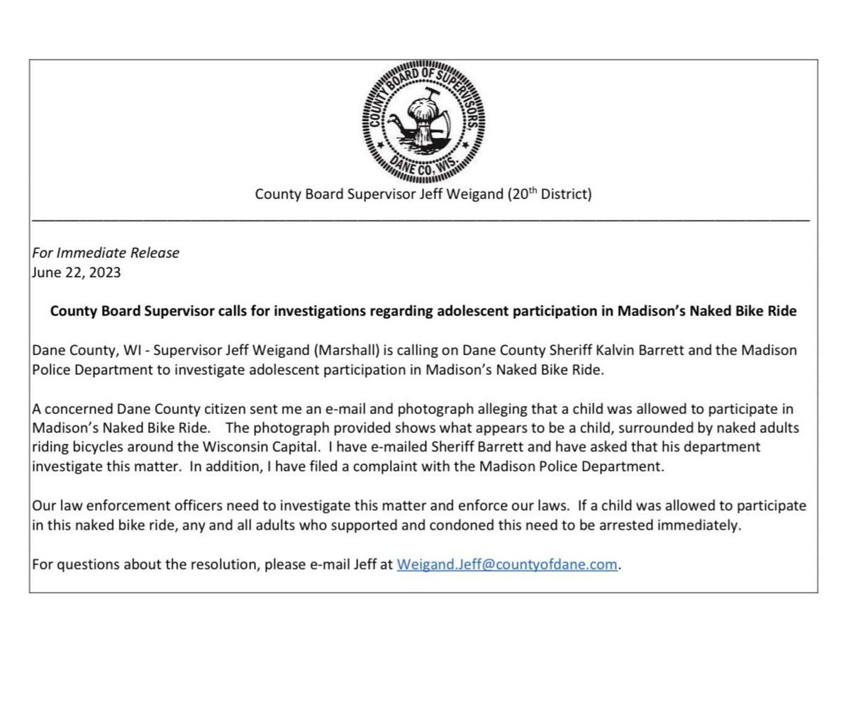 I appreciate the diligence of my constituent, Dane County Supervisor Jeff Weigand. This rapid decline of adult deviance into the realm of children has got to stop!