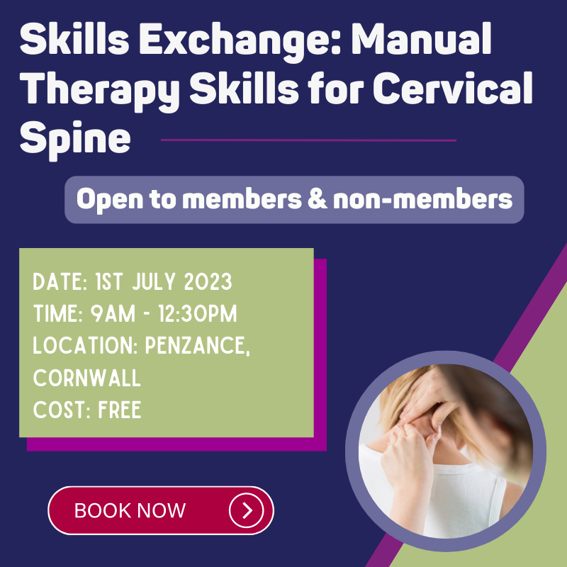 Our next Skills Exchange event is taking place next week!😁📅

Join us in Cornwall for a free F2F event on manual therapy for cervical spine, soft tissue and neural dysfunctions. 

We hope to see you there!

Book your place: bit.ly/3J2lloM

#skillsexchange