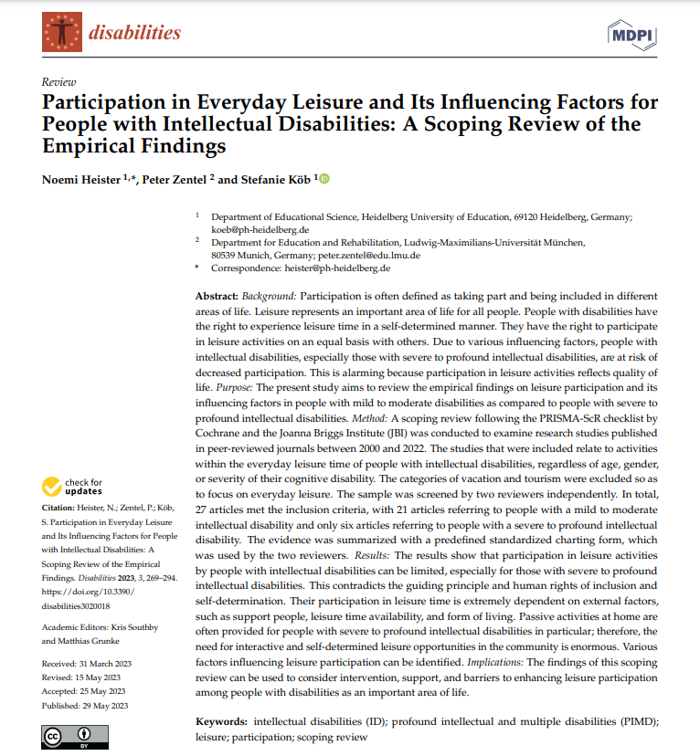Disabil_MDPI's tweet photo. 📕#Participation in Everyday #Leisure and Its Influencing Factors for #PeoplewithIntellectualDisabilities: A Scoping #Review of the #Empirical Findings
New Review published in Disabilities, ✍️by Heister et al.
Free access to full paper👉https://t.co/y1DGTKu46O
#disability #PIMD https://t.co/lXvmGKTZTr