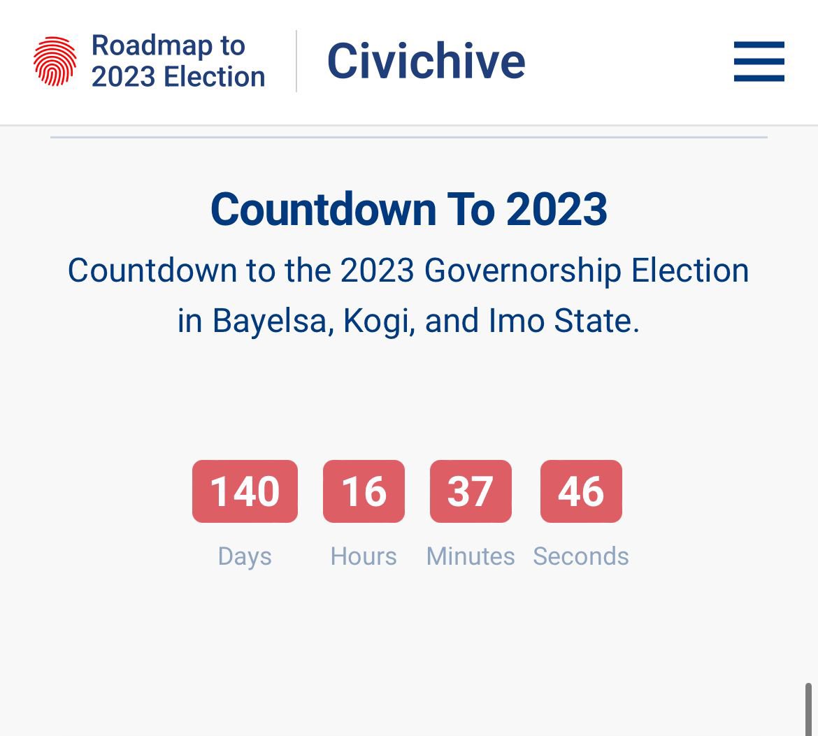 Dear Citizens,

We are exactly 140 days to the gubernatorial elections in Bayelsa, Kogi, and Imo State,

Get ready to vote 🗳️!

@inecnigeria, are you ready? 👀

#AskQuestions #GetInvolved