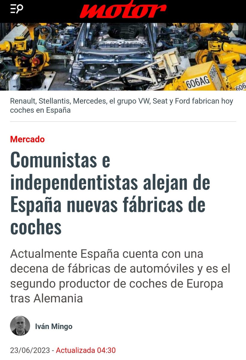 La Industria automovilística representa el 10% del PIB y tiene más de 100.000 puestos de trabajo directos e indirectos.
Para Comunistas e Independentistas sobran esos trabajadores y no quieren nuevas inversiones, prefieren pobreza.🤔🇪🇦