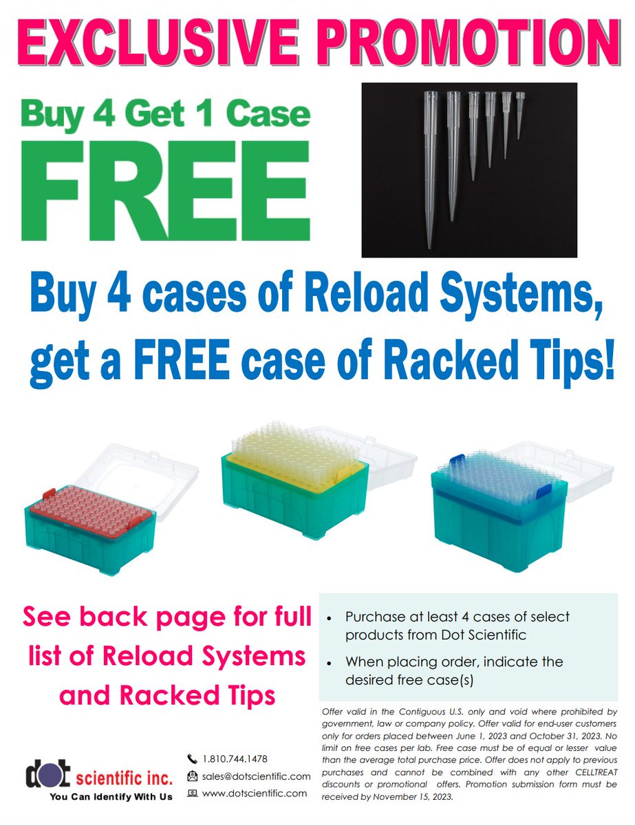 DOTScientificMN's tweet photo. Check out our newest exclusive promotion! When you buy 4 cases of reload systems tips, you get a FREE case of racked tips! This promo is good will 10/31/23. Reach out today and take advantage of this great offer! #dotscientific https://t.co/ZllKADWhtH