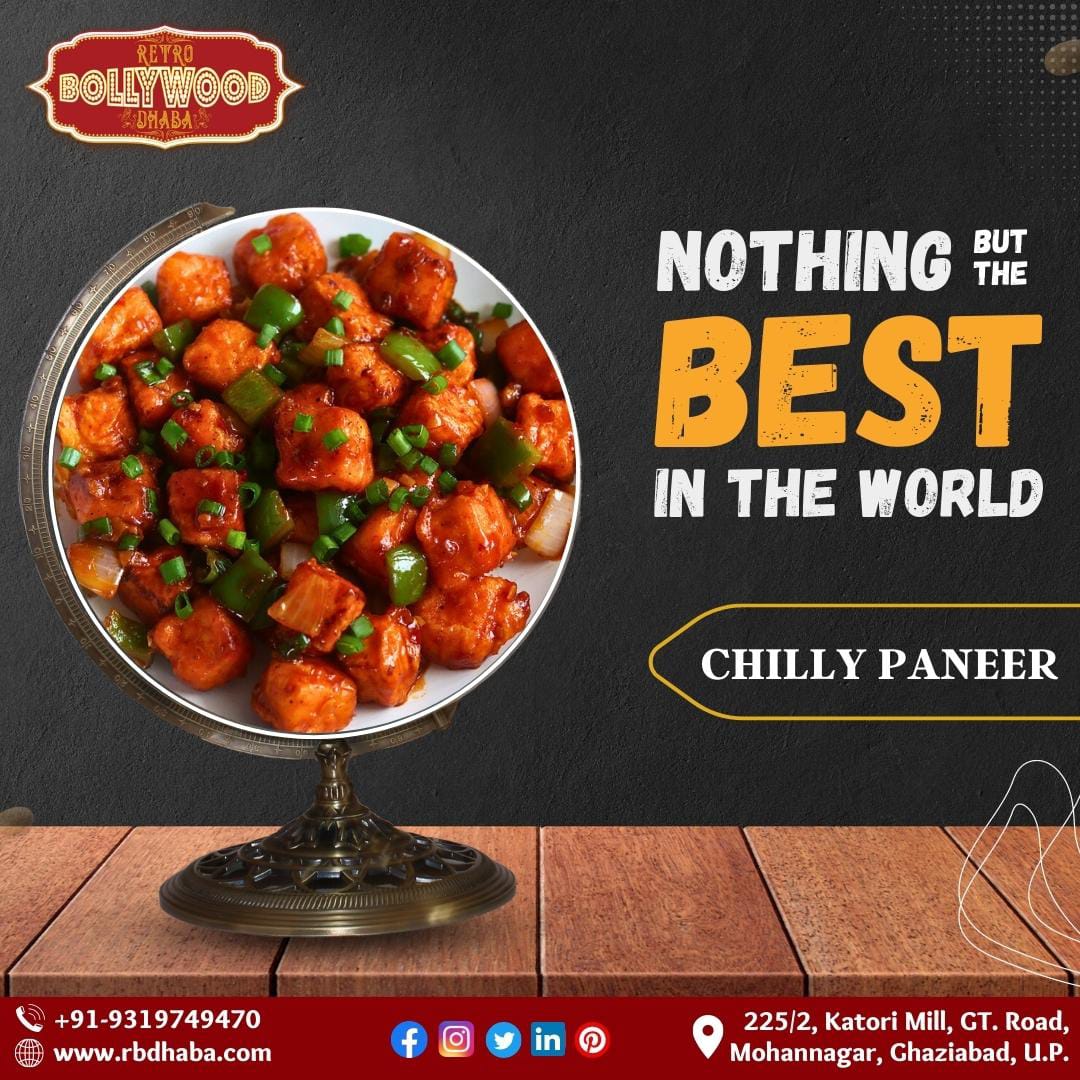 'Spice up your taste buds with the fiery indulgence of our Chilly Paneer Gravy at Retro Bollywood Dhaba! 🌶️🧀'

Savor the perfect blend of succulent paneer, vibrant bell peppers, and a luscious gravy that packs a punch of flavors. 

#RBD #ChillyPaneer #BollywoodFoodCravings