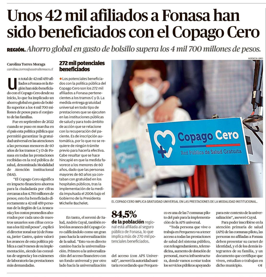 Revisión de prensa🧐🗞️
El Diario El Austral destaca el ahorro de 42 mil afiliados de <a href="/Fonasa/">Fonasa - Fondo Nacional de Salud - Chile</a> gracias al #CopagoCero lo que se traduce en un ahorro de 4 mil 700 millones de pesos.
#SeremiSaludAraucanía Andrés Cuyul indicó que esto se encamina hacia la universalización de la salud.