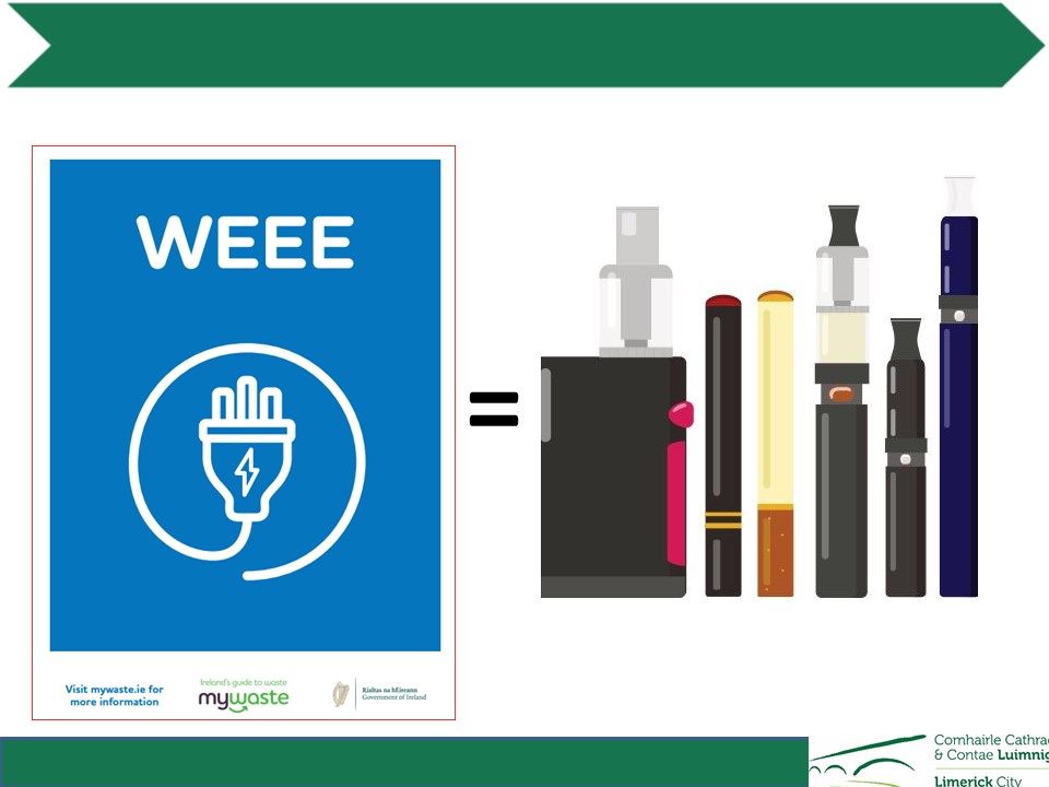 LimerickEnviron's tweet photo. Did you know that used vapes are electrical waste. (WEEE) The @HealthyLimerick #NotAroundUs Campaign includes vaping. Consider quitting. Its good for your health and our #environment. @limerickcouncil #YourCouncilDay https://t.co/MaNLb4qmjM
