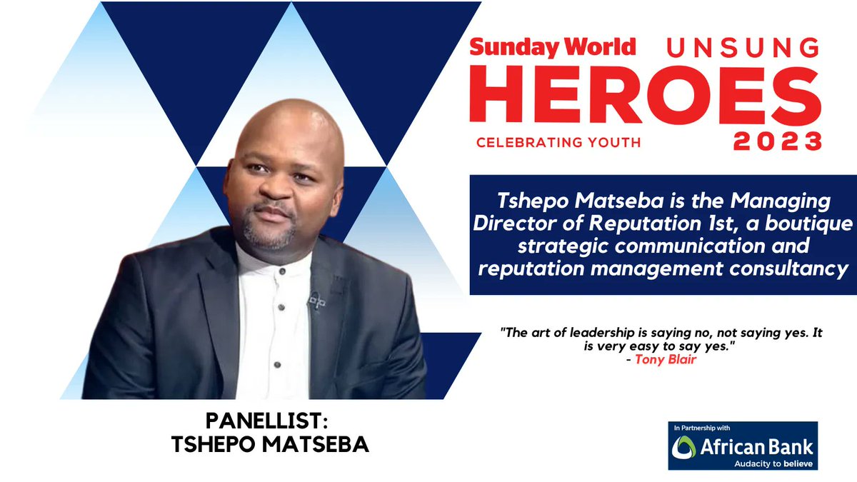 SundayWorldZA's tweet photo. What's a panel discussion without the managing director of @reputation1stSA ? Mr. @KabiniTshepo, so we invited him to join our #SundayWorldUnsungHeroes Awards, honoring the youth who do selfless acts. 

📅 24 June 2023
🕐 09:00
📺 https://t.co/aDGIAtLDer https://t.co/R6WI2mobqD