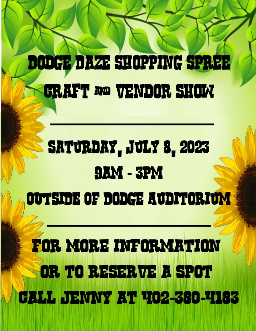 DodgeDaze's tweet photo. ONLY 14 DAYS!!!!!!!!!
Today's Spotlight is:  The Dodge Daze Shopping Spree/Craft Show
Stop by the park in front of the Auditorium to check out all the fantastic vendors &amp; crafters bringing all their wares to Dodge!!! FREE admission. https://t.co/1oHd3iG1LN