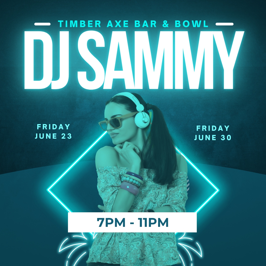 TimberAxBarBowl's tweet photo. Brace yourself for an unforgettable experience as DJ Sammy takes the stage at Timber Axe Bar &amp; Bowl! Join us tonight and next Friday from 7PM-11PM for pulsating beats, incredible energy, and non-stop dancing. Let's kick some axe and take some lanes! https://t.co/Z5mFkHwDCZ