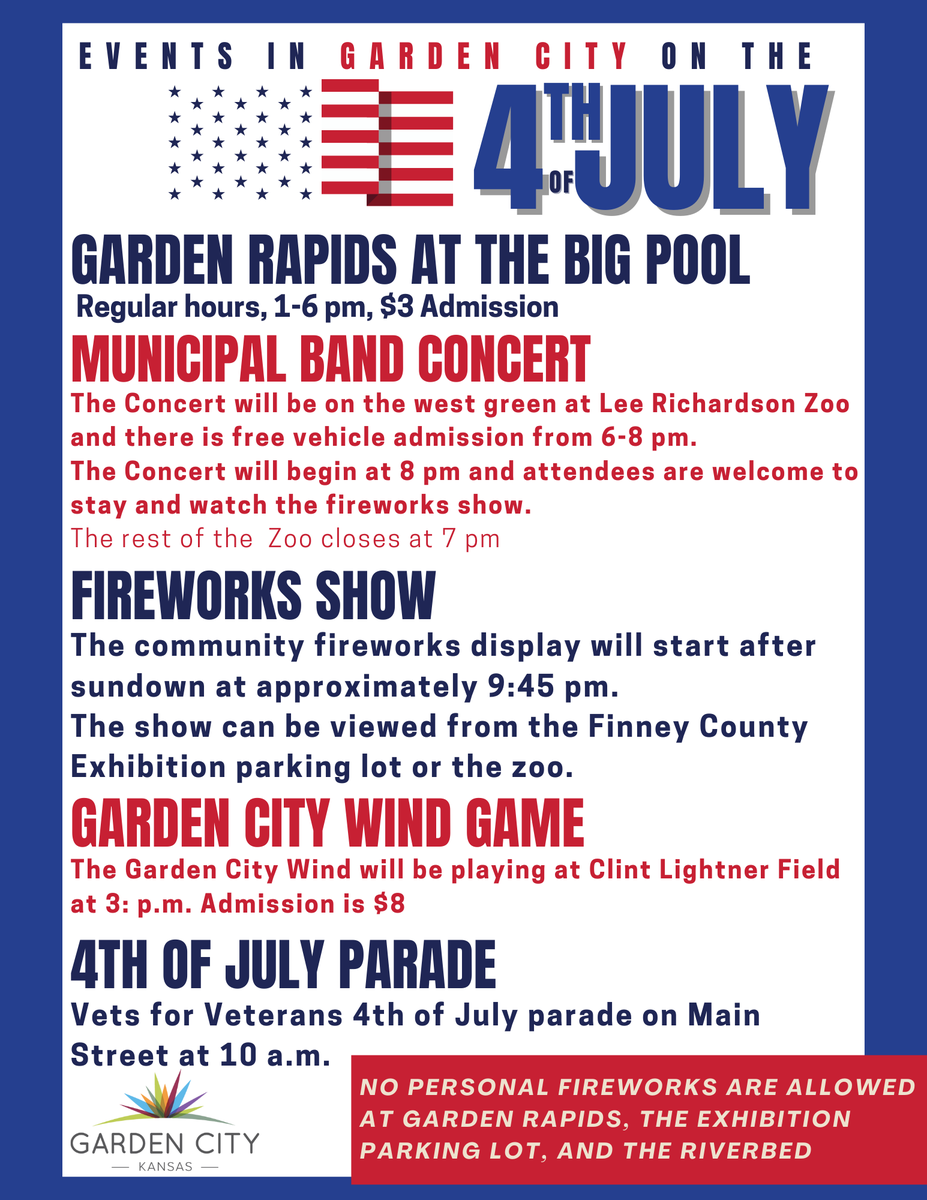Here are a few things you can do in Garden City to celebrate #IndependenceDay!

No personal fireworks or pets are allowed at Lee Richardson Zoo, Garden Rapids at the Big Pool, the riverbed and the Exhibition Building parking lot.

#GCKS