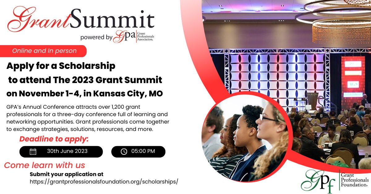 Grant Professionals Foundation (@grantprofdn) on Twitter photo Only one more week to apply for <a href="/GPANational/">Grant Professionals Association</a> conference scholarship to attend GrantSummit (in-person or online). The deadline is Friday, June 30.
Find out more info on the GPF website and apply online:
grantprofessionalsfoundation.org/scholarships/ Only one more week to apply for <a href="/GPANational/">Grant Professionals Association</a> conference scholarship to attend GrantSummit (in-person or online). The deadline is Friday, June 30.
Find out more info on the GPF website and apply online:
grantprofessionalsfoundation.org/scholarships/