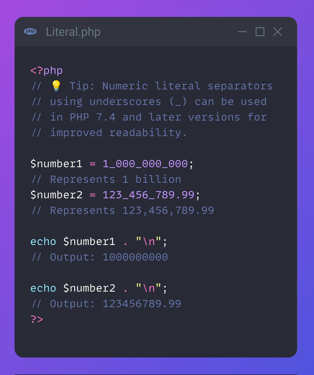 MrPunyapal's tweet image. 💡 PHP Tip: Enhance code readability by using numeric literal separators in your code! 🧑‍💻

💪 Use underscores (_) to separate digits and make your PHP code more readable. 👓

#PHP #Readability #laravel 💎💎