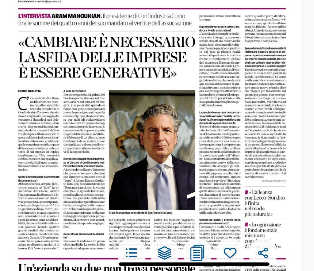 Aram Manoukian, Presidente uscente di <a href="/ConfindustriaCo/">Confindustria Como</a> e AD di Lechler SpA, su <a href="/laprovinciadico/">La Provincia di Como</a>: "La sostenibilità ci chiede di adeguarci ad un insieme di regole, la generatività aggiunge spessore, interrogandoci sul senso del nostro agire". L'articolo qui shorturl.at/alFX0