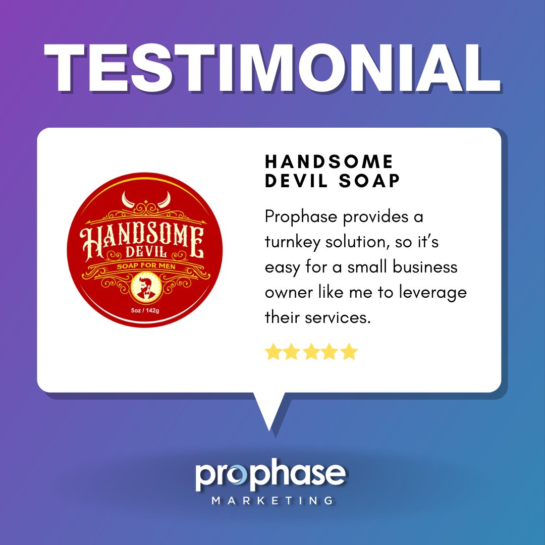 ProphaseMktg's tweet image. Clean up your marketing efforts, just like we did for Handsome Devil Soap! 

From social media management to paid advertising, our experts are here to help: bit.ly/3D7Gr12  

#ProphaseMarketing #Prophase #Marketing #FullServiceMarketing #HandsomeDevilSoap #Testimonial