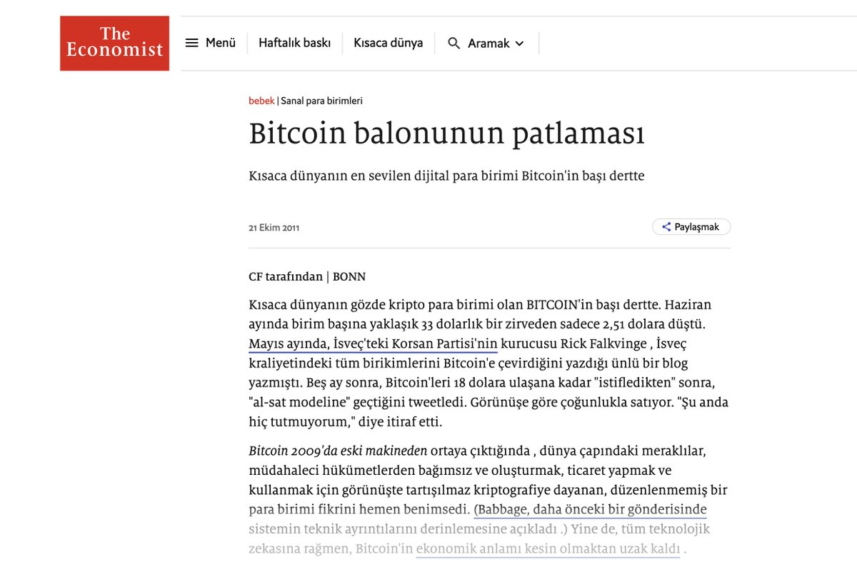 İşte ünlü @TheEconomist'in 2011'de yayınladığı bir #bitcoin haberi👇